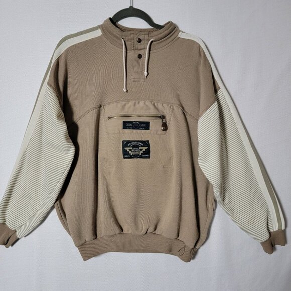 Todays News Men Designer Sweatshirt Sz L 1/4 Button & Tie Pullover Beige Classic - Picture 1 of 15